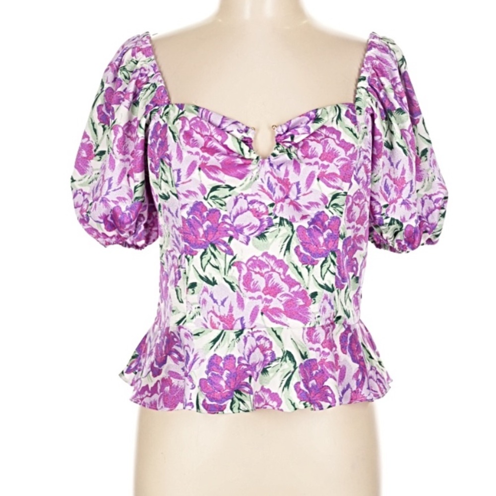 Wayf Floral Puff Sleeve Blouse - Purple and Green